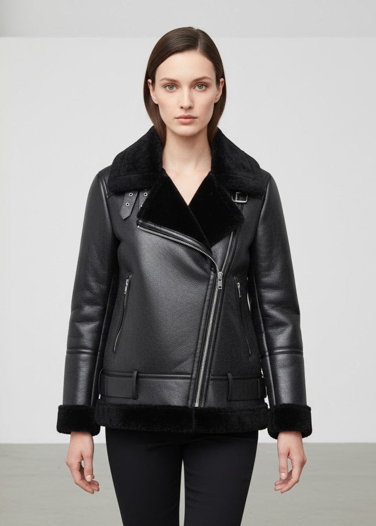 Svart bikerjacka i läderimitation med polokrage fuskpälsfoder och bälte