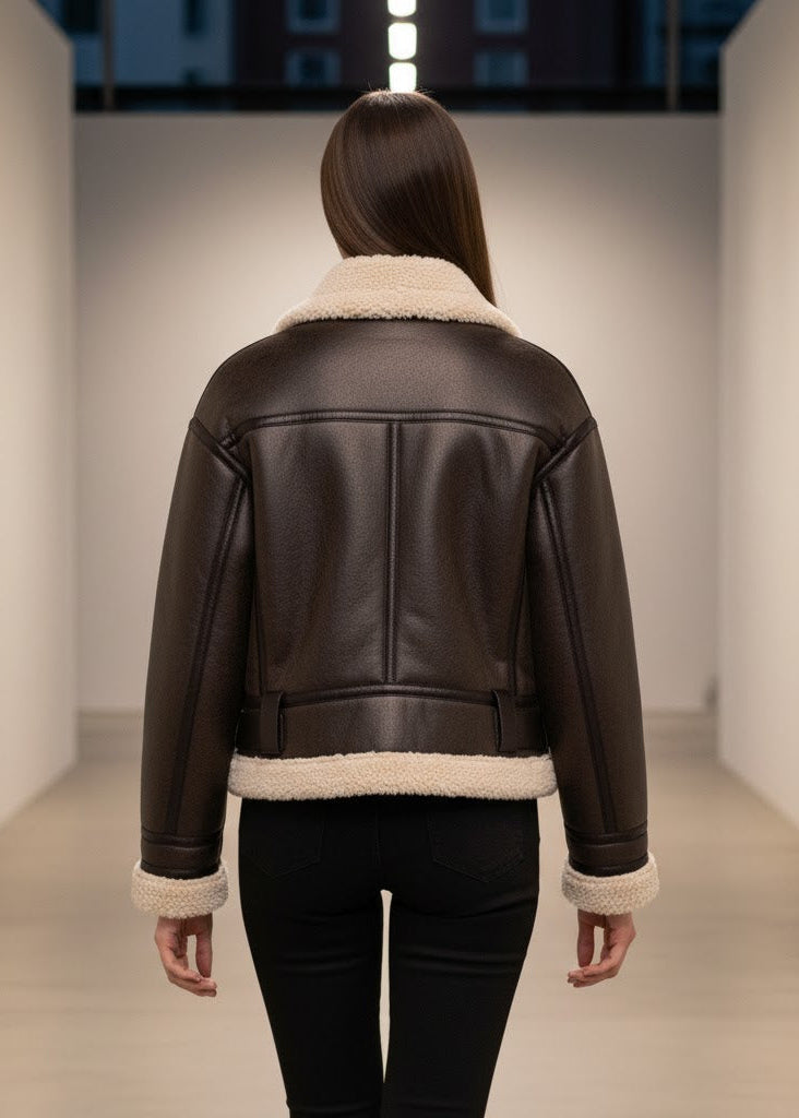 Mörkbrun jacka i fuskpäls med bälte dragkedjor och varm fodring