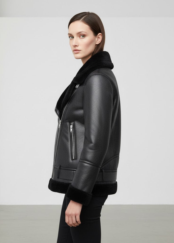 Svart bikerjacka i läderimitation med polokrage fuskpälsfoder och bälte