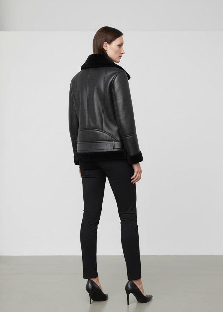Svart bikerjacka i läderimitation med polokrage fuskpälsfoder och bälte