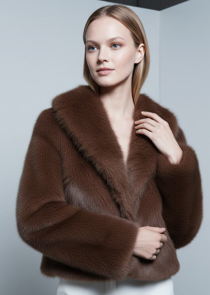 Kort brun jacka i fuskpäls med krage och öppen front
