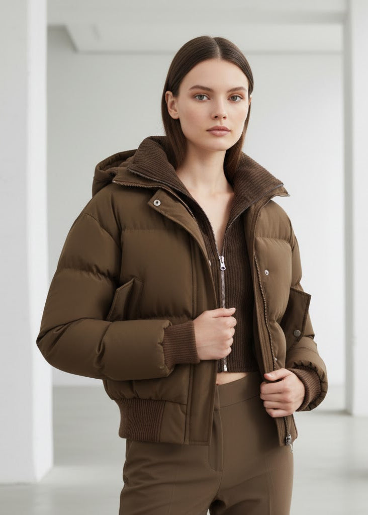 Brun puffjacka med innerväst i manchester och ribbade muddar
