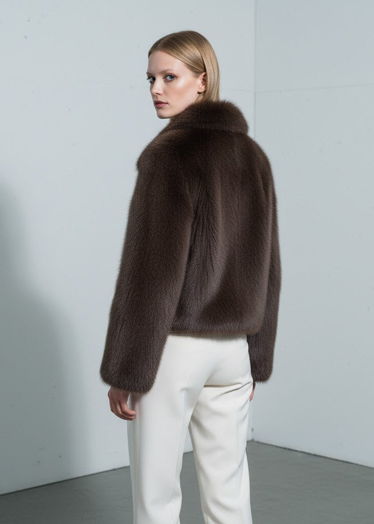 Brun kort fuskpälsjacka med bred krage och rak silhuett i tät borstad struktur