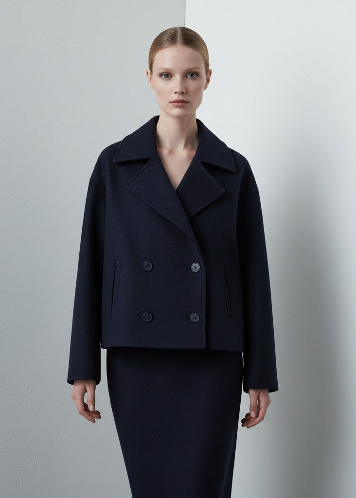 Kort dubbelknäppt jacka med krage och ullig finish