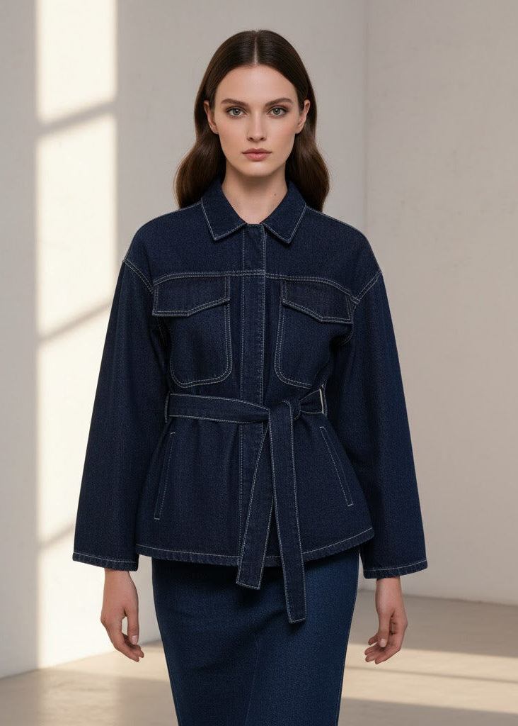 Midjelång jacka med knytskärp i denimlook