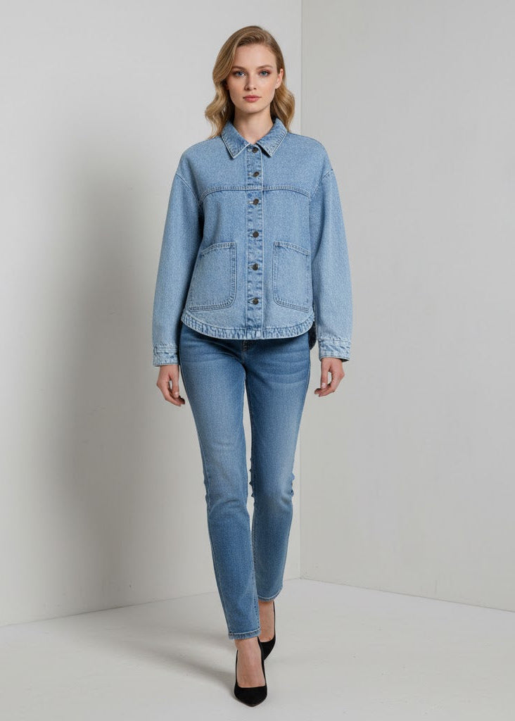 Oversize skjortjacka i denimlook med tryckknappar