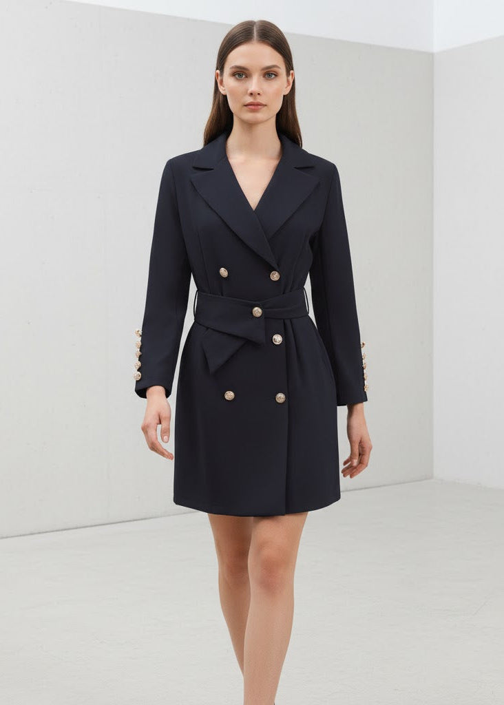 Kort dubbelknäppt kappa i blazerstil med skärp och dekorativa guldknappar