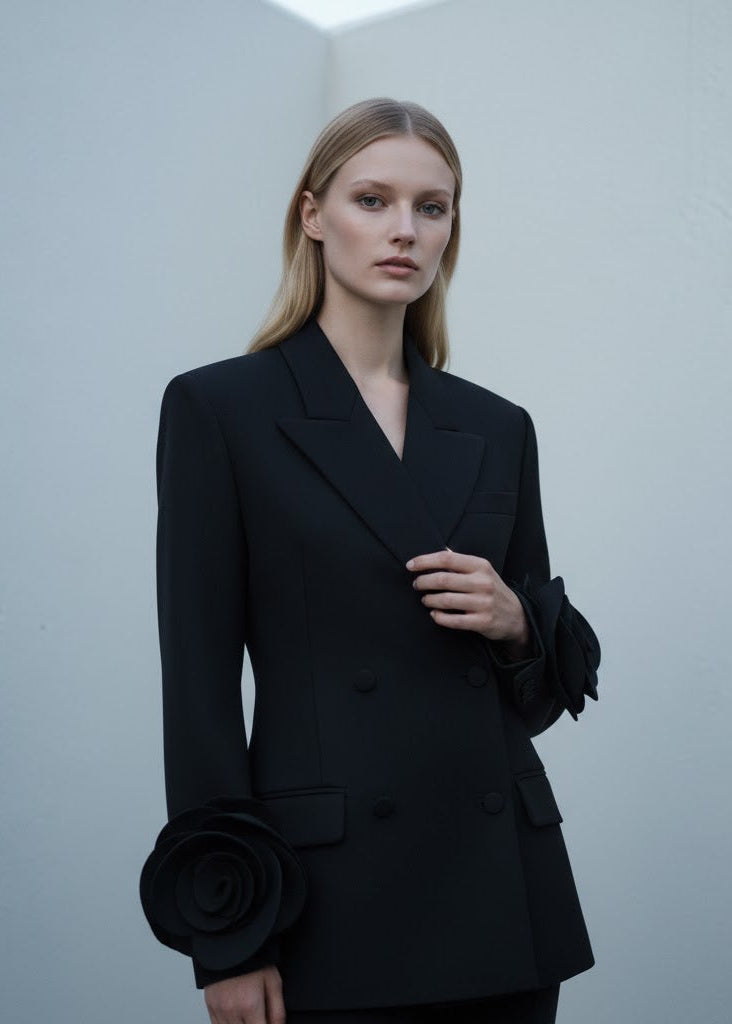 Svart Dubbelknäppt Blazer med Rosapplikationer på Ärmarna