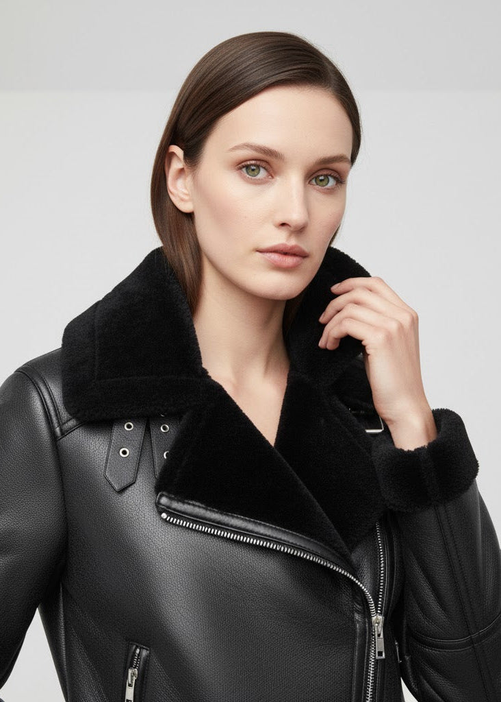 Svart bikerjacka i läderimitation med polokrage fuskpälsfoder och bälte