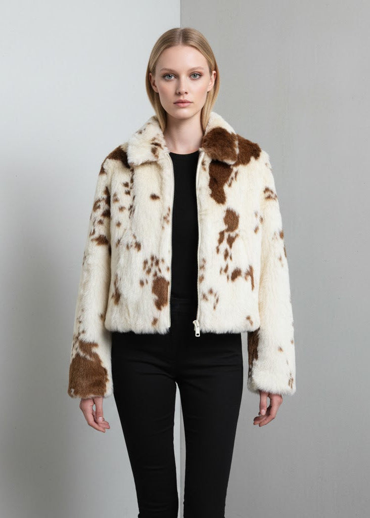 Kort fuskpälsjacka med koskinnsmönster och dragkedja