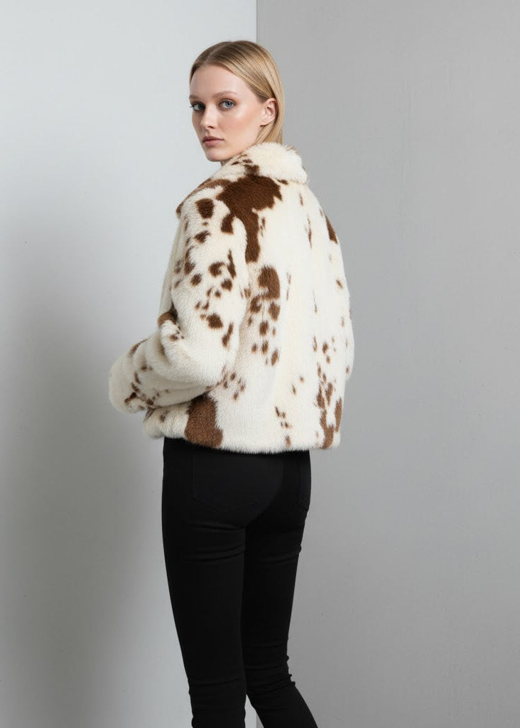 Kort fuskpälsjacka med koskinnsmönster och dragkedja