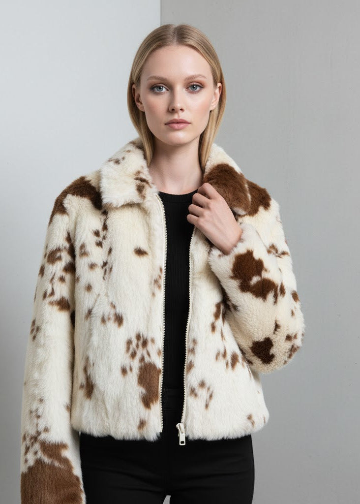 Kort fuskpälsjacka med koskinnsmönster och dragkedja