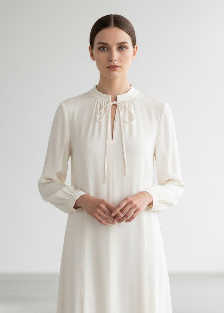 Vit Lång A-linjeformad klänning med knytning och rynkade ärmar