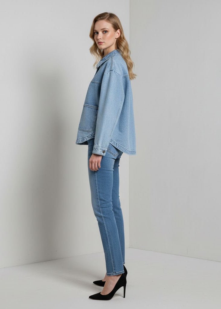 Oversize skjortjacka i denimlook med tryckknappar