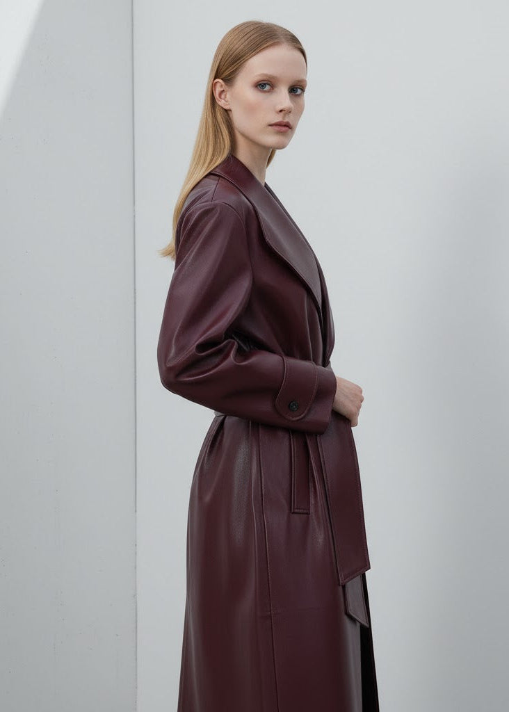 Vinröd Lång vinröd trenchcoat i glansigt veganskt läder med bred krage och knytskärp