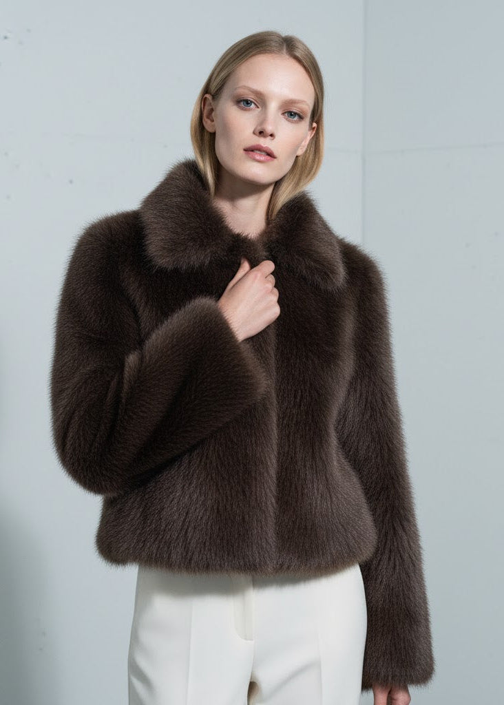 Brun kort fuskpälsjacka med bred krage och rak silhuett i tät borstad struktur