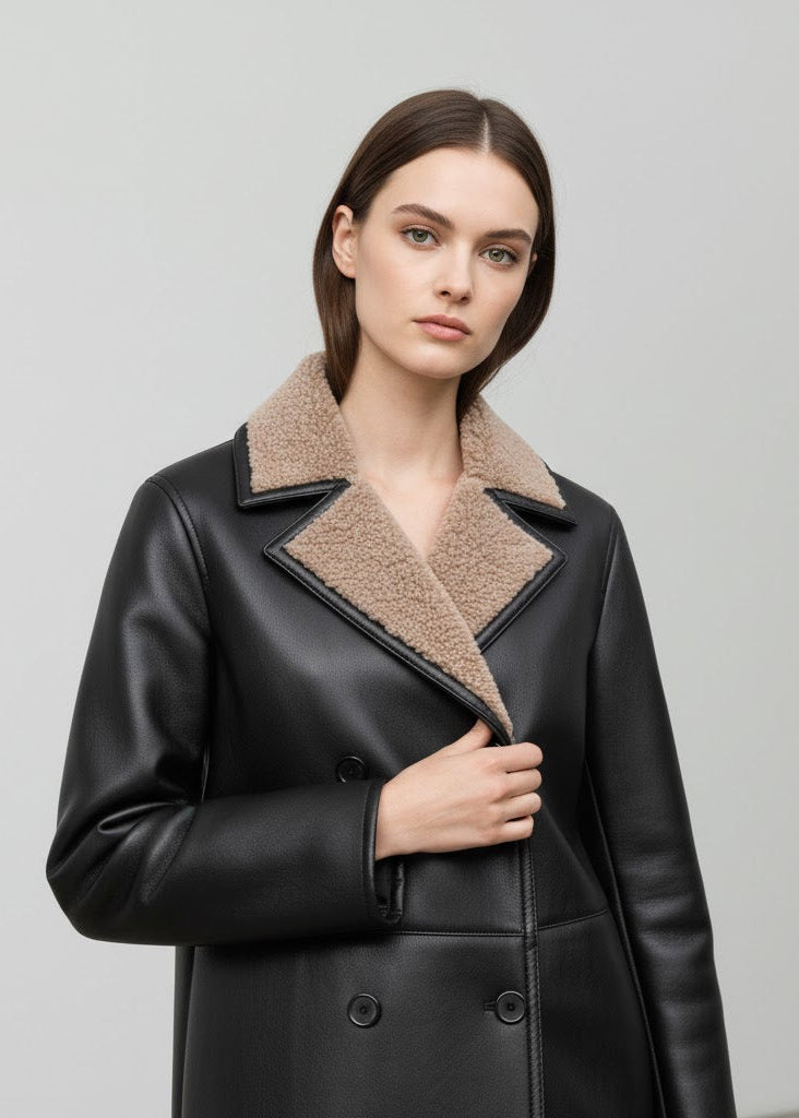 Svart Lång kappa i läderimitation med fuskpälskrage och dubbelknäppning