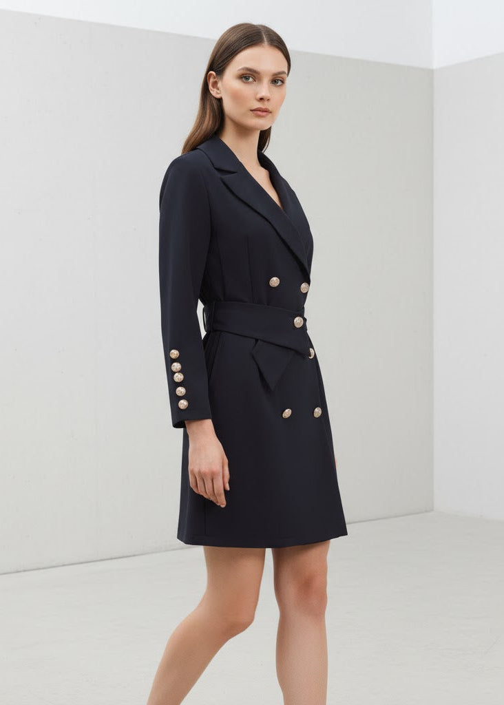 Kort dubbelknäppt kappa i blazerstil med skärp och dekorativa guldknappar