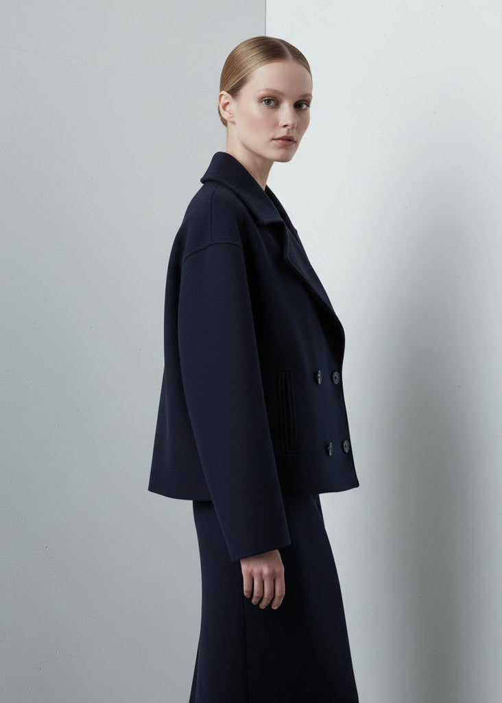 Kort dubbelknäppt jacka med krage och ullig finish