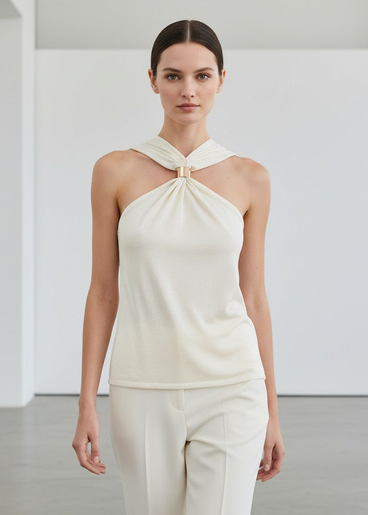 Stickad halterneck-top med breda axelband och gulddetalj