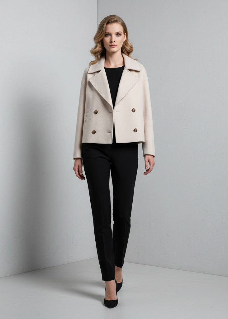 Kort dubbelknäppt jacka med krage och ullig finish