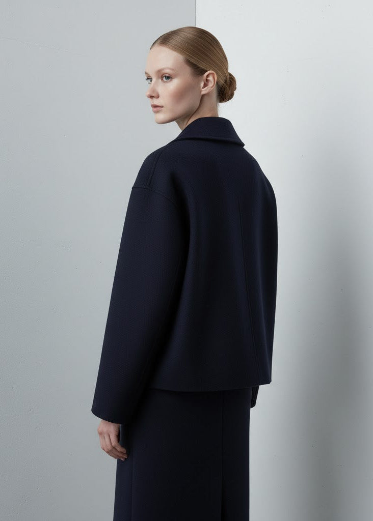 Kort dubbelknäppt jacka med krage och ullig finish