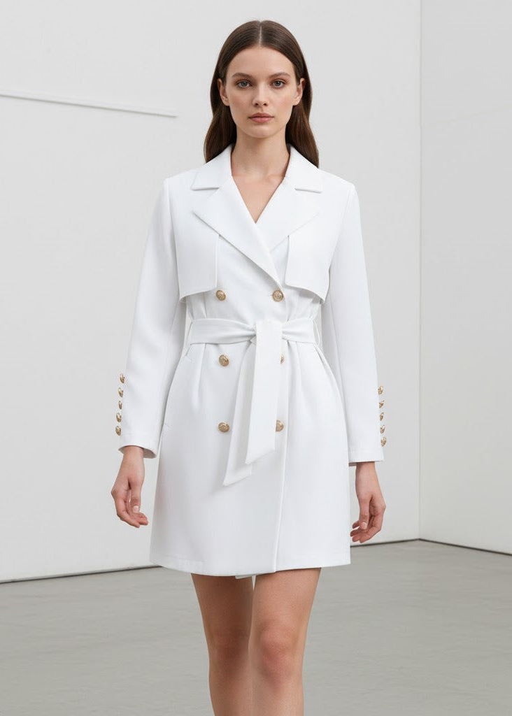 Kort dubbelknäppt kappa i blazerstil med skärp och dekorativa guldknappar