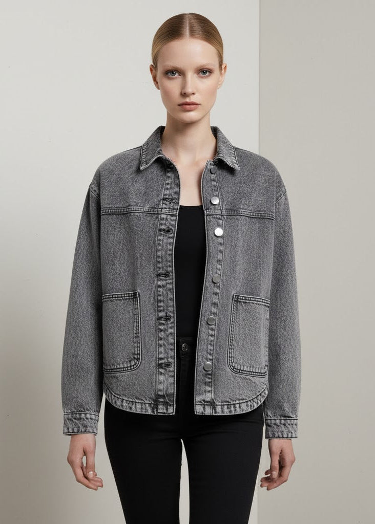Oversize skjortjacka i denimlook med tryckknappar