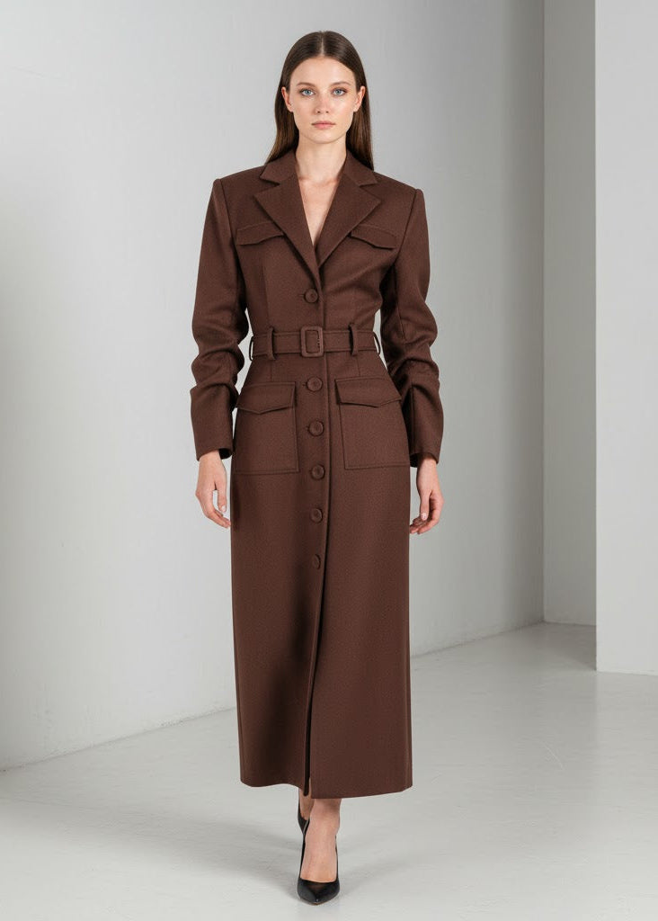 Kaffebrun lång kavajklänning i twill med skräddade detaljer och markerad midja