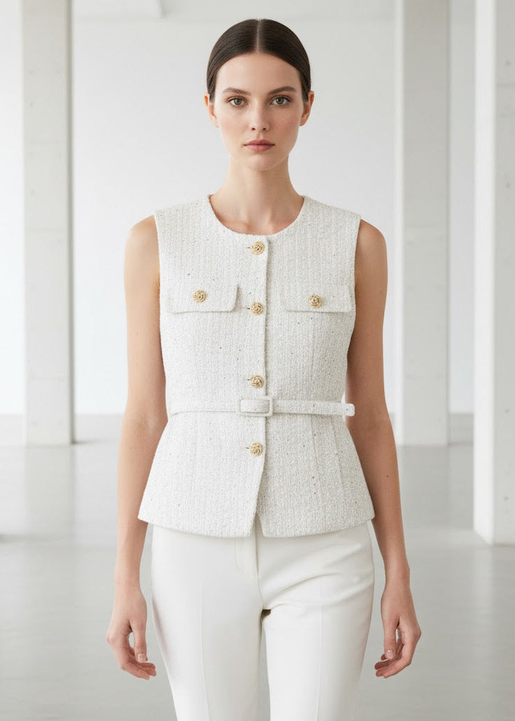 Ärmlös tweedväst med skärp och fickor