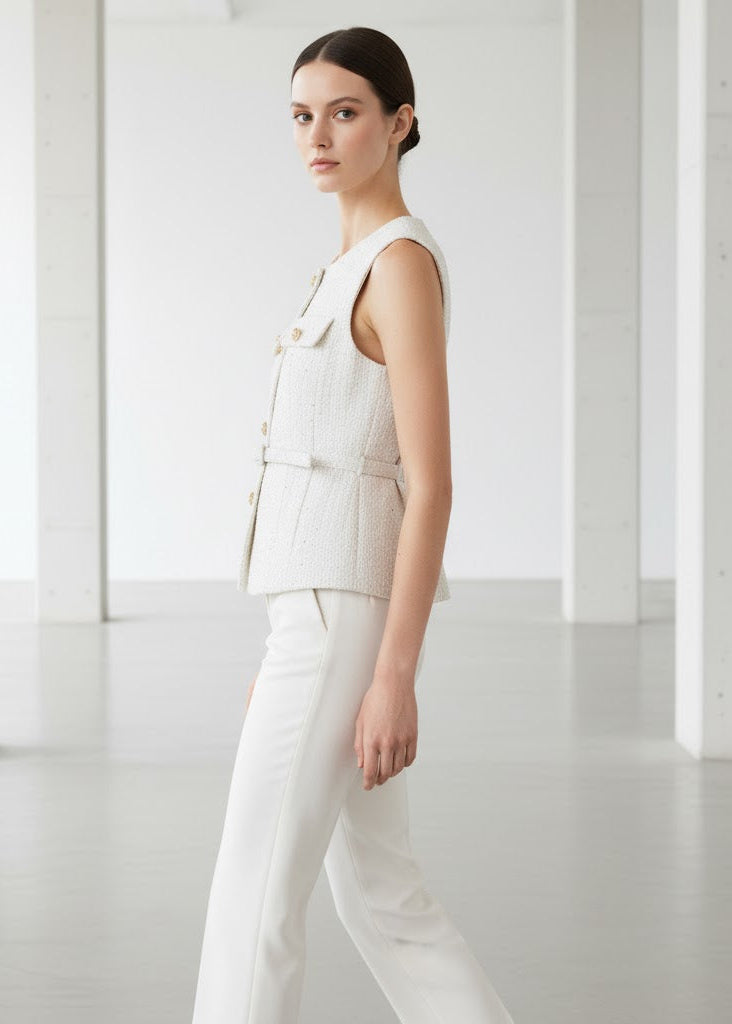 Ärmlös tweedväst med skärp och fickor