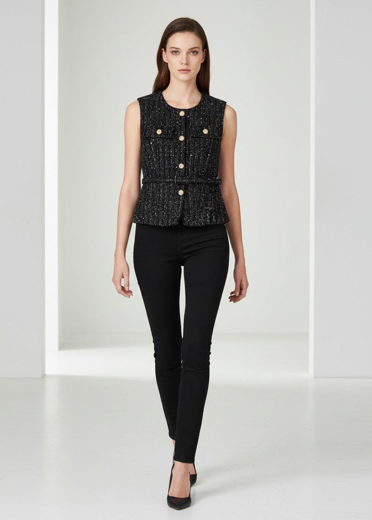 Ärmlös tweedväst med skärp och fickor