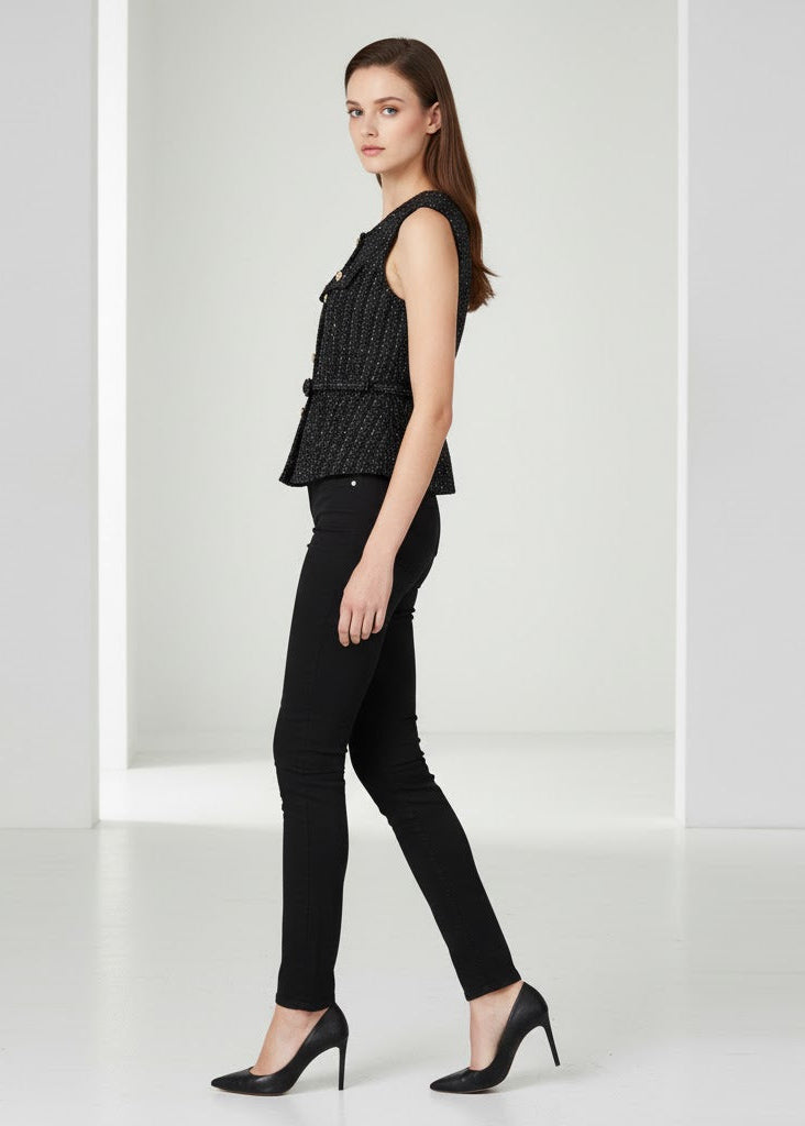 Ärmlös tweedväst med skärp och fickor