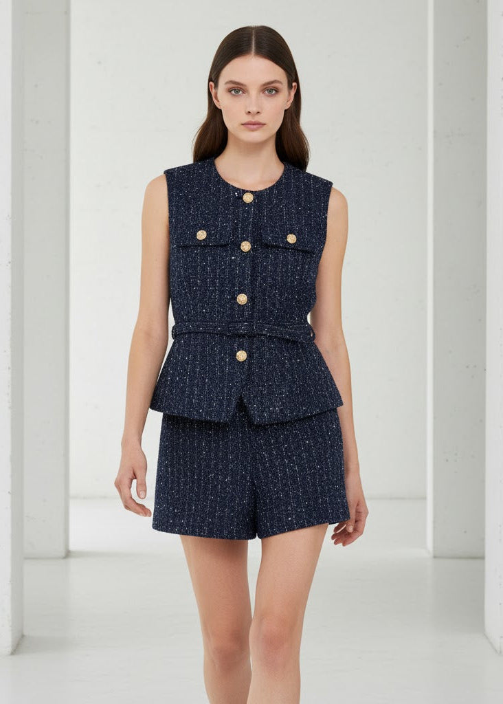 Ärmlös tweedväst med skärp och fickor