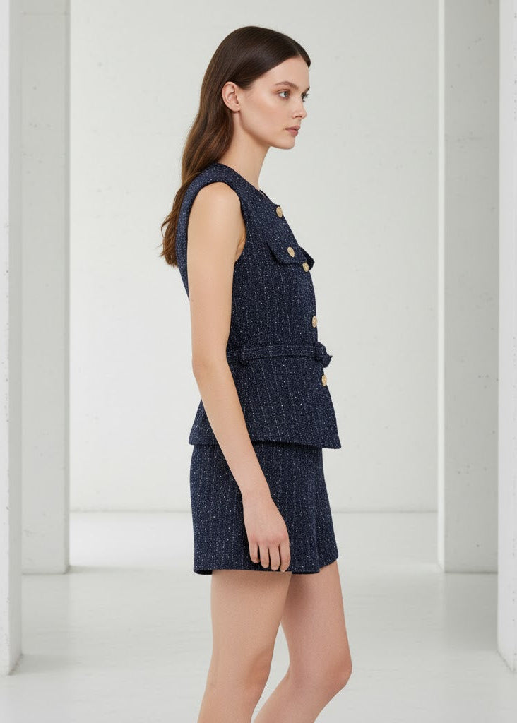 Ärmlös tweedväst med skärp och fickor