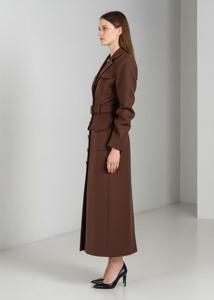 Kaffebrun lång kavajklänning i twill med skräddade detaljer och markerad midja