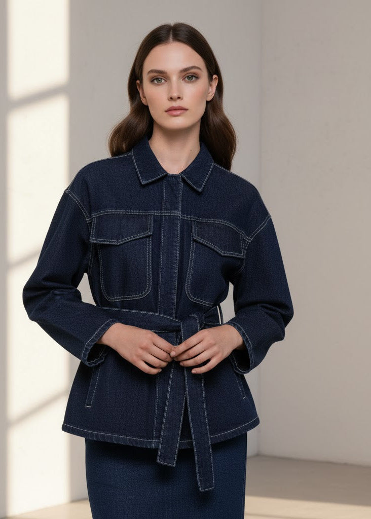 Midjelång jacka med knytskärp i denimlook