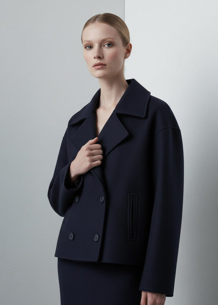 Kort dubbelknäppt jacka med krage och ullig finish