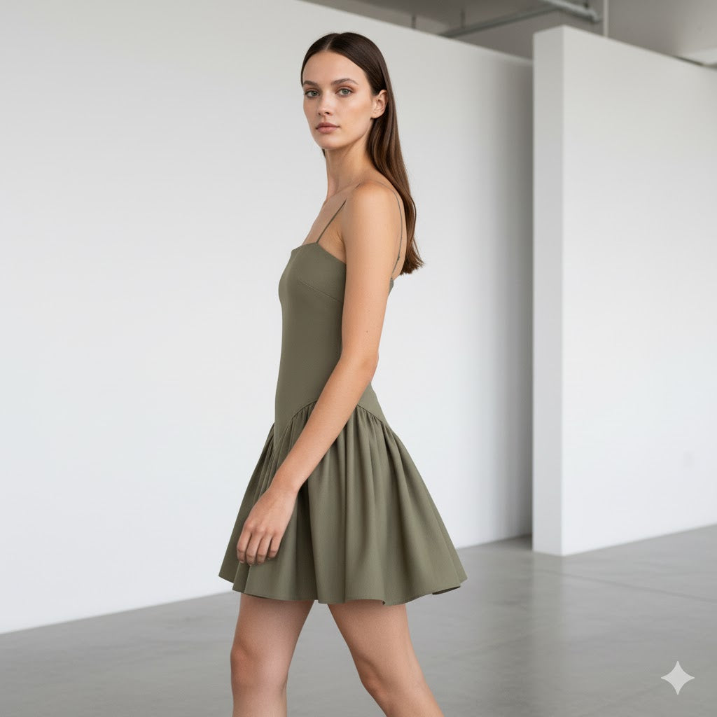 Miniklänning med trikåtopp och veckad kjol