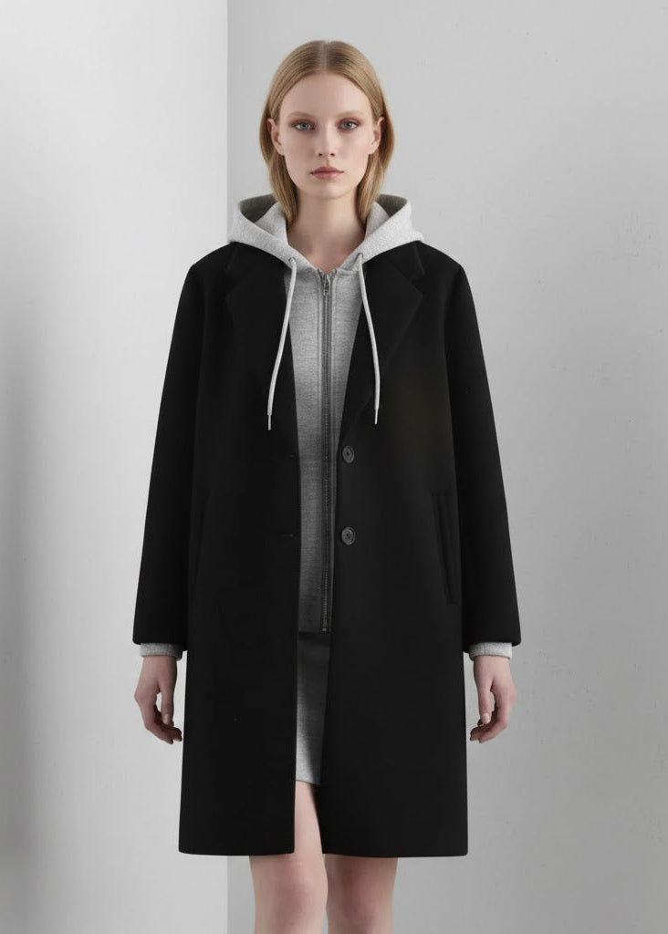 Lång kappa med infälld huva knappar och dragkedja