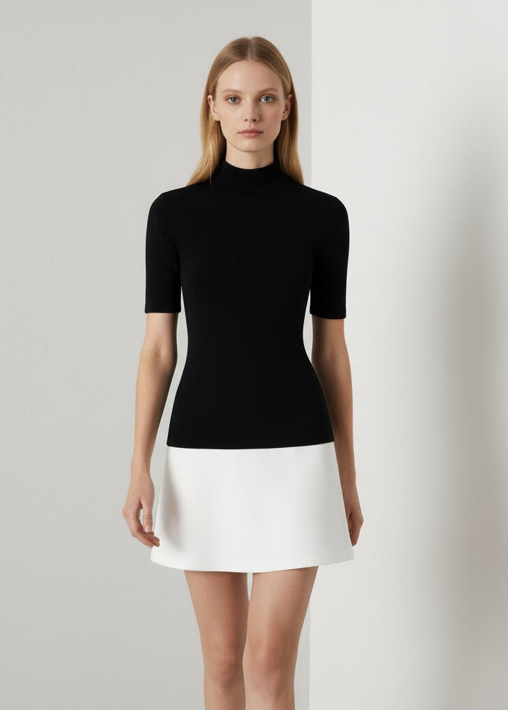Tvåfärgad trikåklänning med polokrage och halvlånga ärmar
