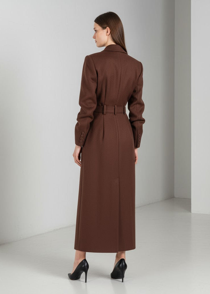 Kaffebrun lång kavajklänning i twill med skräddade detaljer och markerad midja