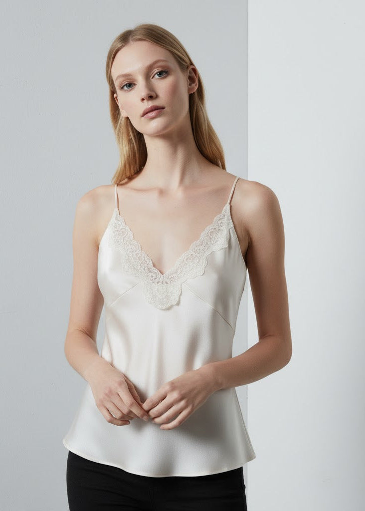 Spetskantat camisole-linne med V-ringning och justerbara axelband