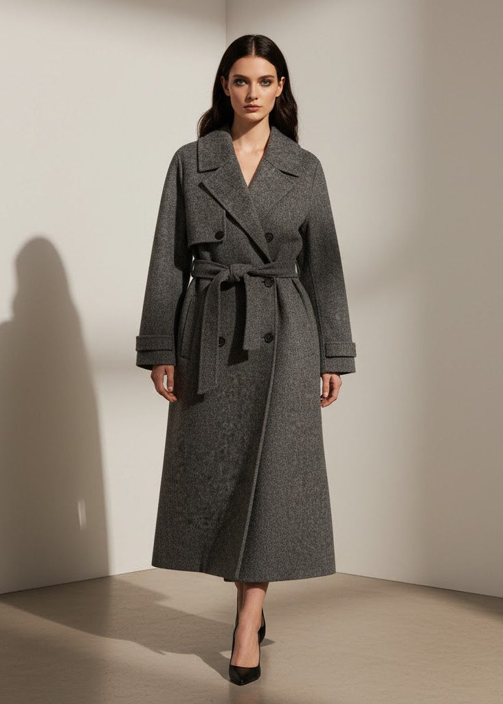 Grå ullmix-trenchcoat med skärp och dubbelknäppning