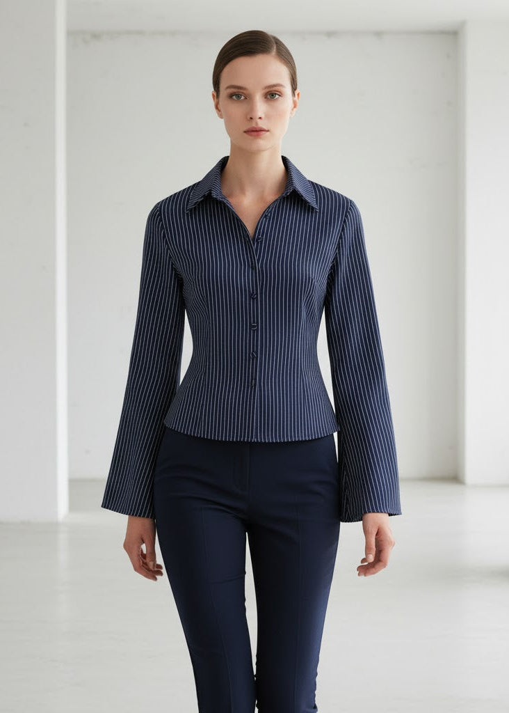 Randig skjorttopp med utsvängda ärmar och figurnära passform i mjukt, lätt tyg med luftig känsla.