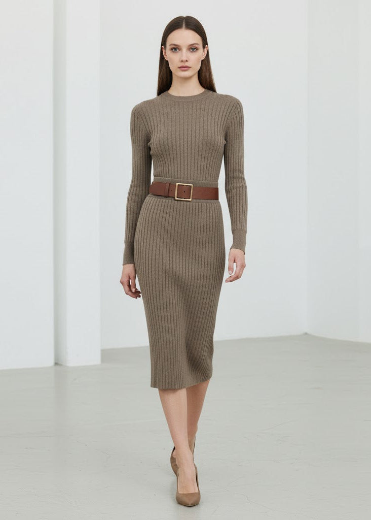 Ribbstickad midikjol med avtagbart bälte och figurnära passform