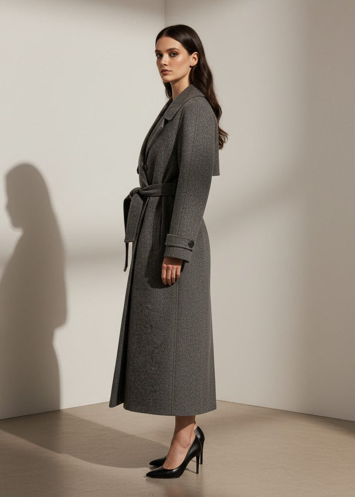 Grå ullmix-trenchcoat med skärp och dubbelknäppning