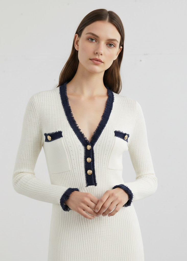 Stickad krämvit midiklänning med denimdetaljer och knappstängning