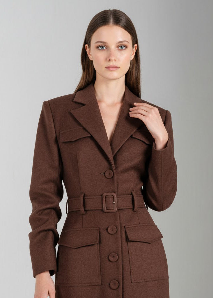 Kaffebrun lång kavajklänning i twill med skräddade detaljer och markerad midja