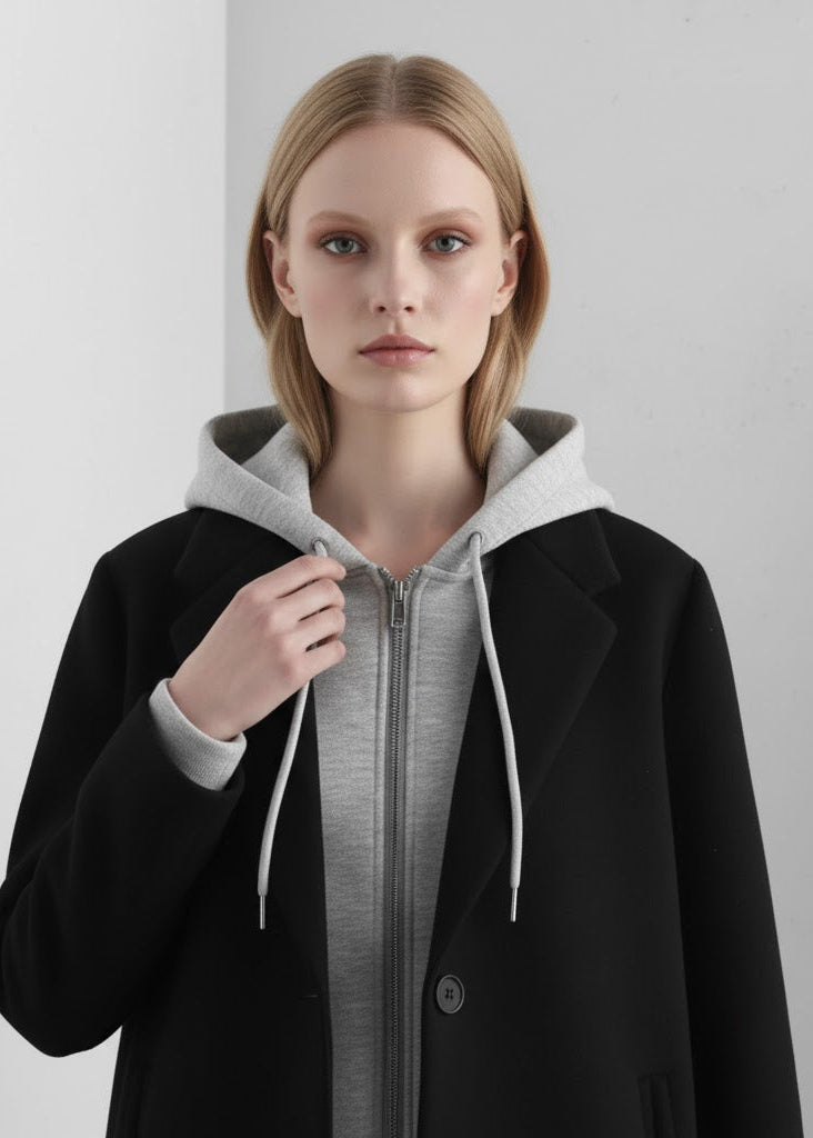 Lång kappa med infälld huva knappar och dragkedja